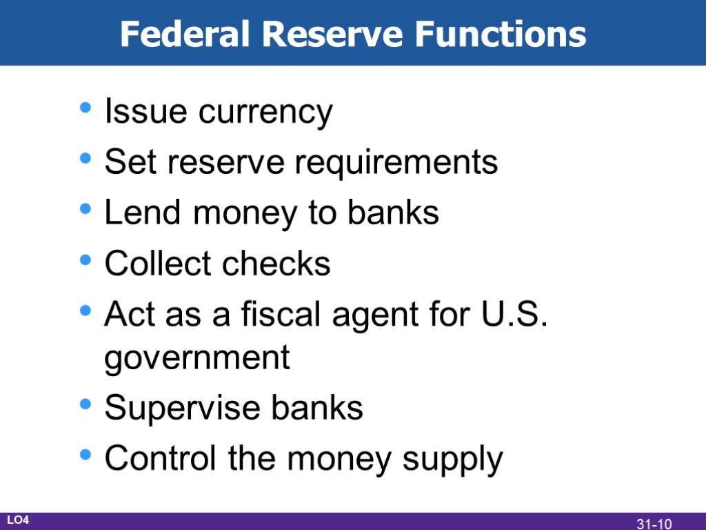 Federal Reserve Functions Issue currency Set reserve requirements Lend money to banks Collect checks